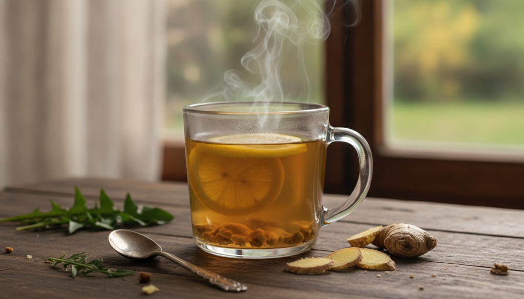 A hot cup of dandelion leaf tea with a slice of lemon and fresh ginger steam rising on a rustic wooden table