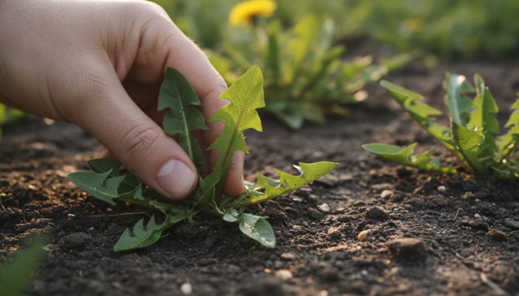 A close-up shot of fresh dandelion leaves being harvested from a clean garden bed emphasizing the vibrant green and natu