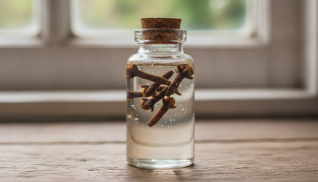 A close-up of whole cloves infusing in a glass bottle filled with clear oil placed on a kitchen counter near a window so