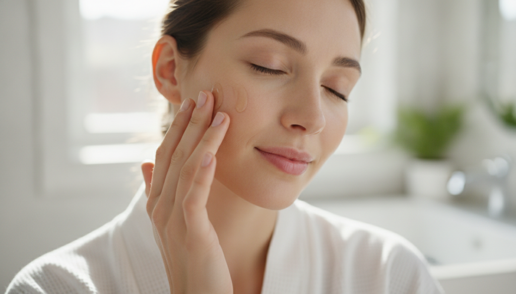 A woman gently massaging a few drops of the homemade clove and baby oil onto her clean face with a soft radiant expressi