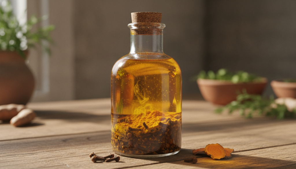 A clear glass bottle filled with golden infused oil with cloves and turmeric settled at the bottom placed on a wooden su