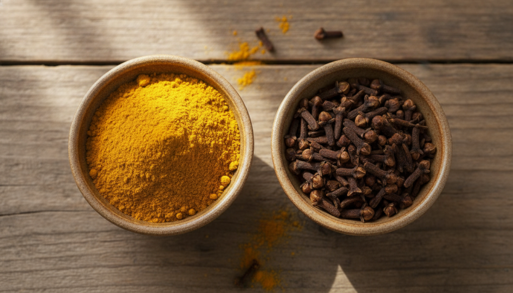 Close-up of turmeric powder and whole cloves in small separate bowls highlighting the natural ingredients