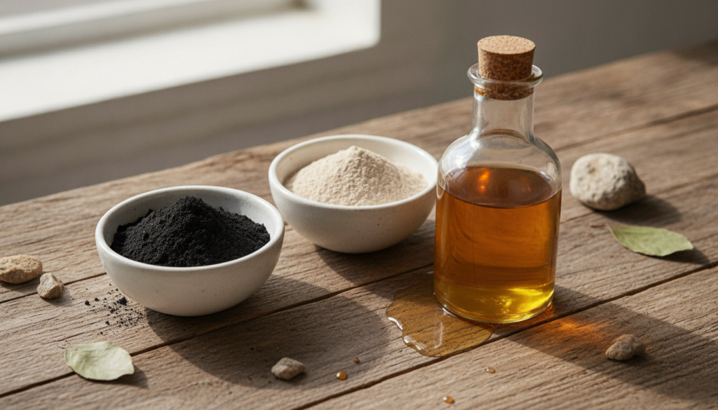 Small white bowls containing activated charcoal powder bentonite clay and a bottle of apple cider vinegar arranged on a 
