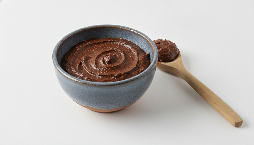A small ceramic bowl with a dark brown textured paste and a wooden spoon ready for application