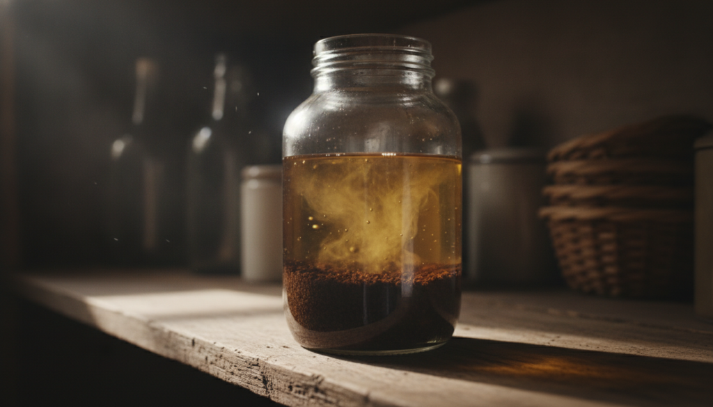 A close-up of a glass jar with coffee grounds infusing in clear oil sitting in a cool dark pantry setting