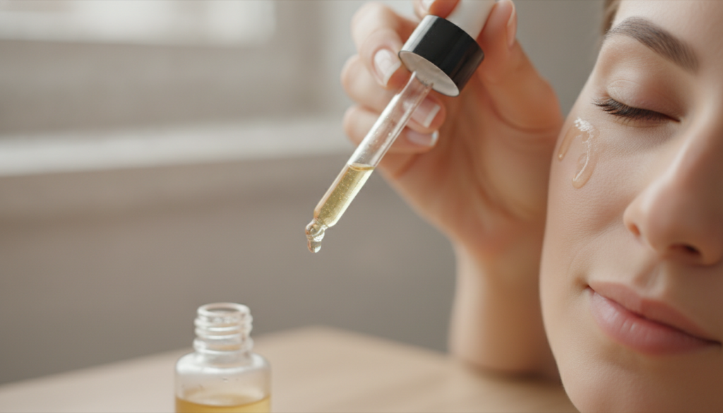 A woman s hand gently applying a small amount of oil serum with a dropper to her under-eye area focusing on a soothing m