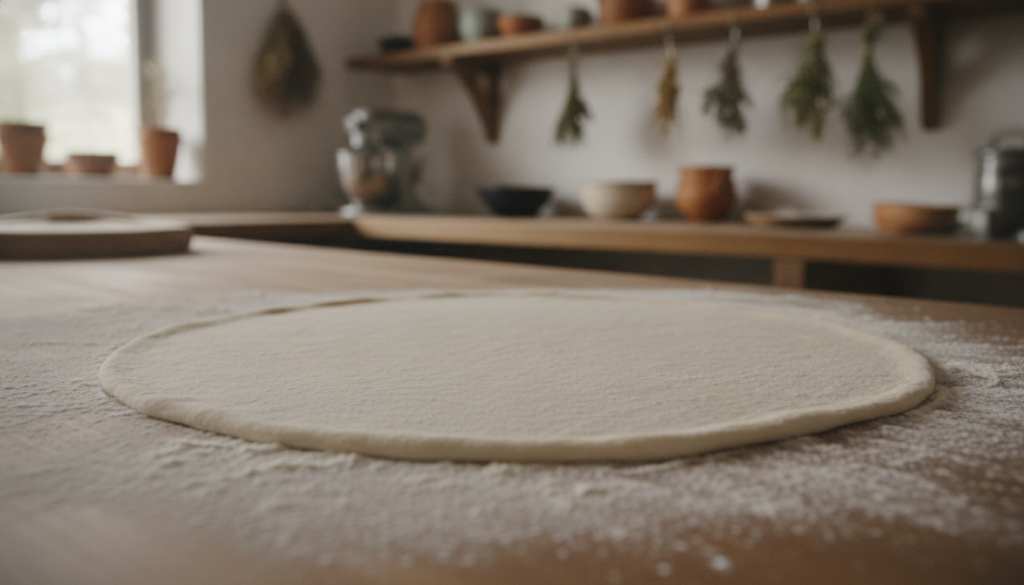 A perfectly stretched raw pizza dough round on a floured surface with a scattering of flour and a rustic kitchen backdro