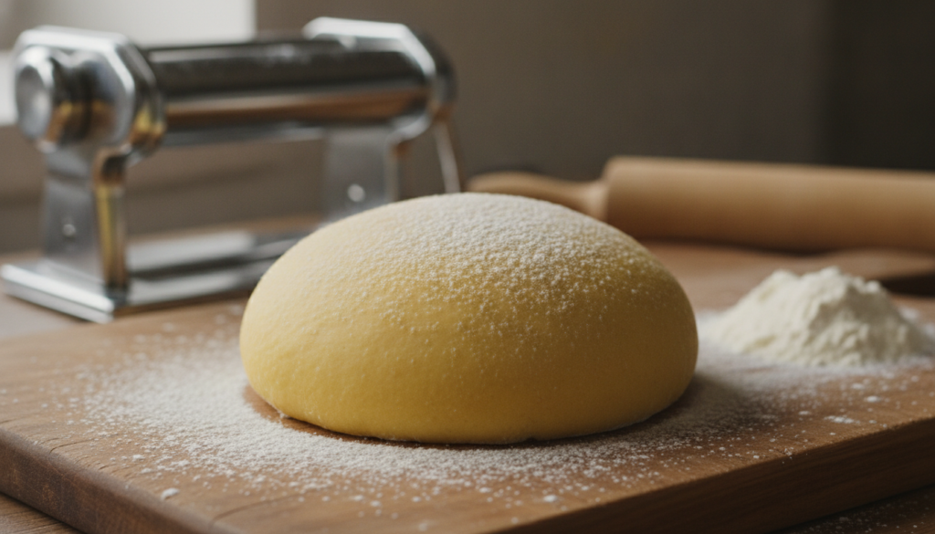 A neatly rolled ball of fresh yellow pasta dough on a wooden board with a dusting of flour and a pasta machine in the ba