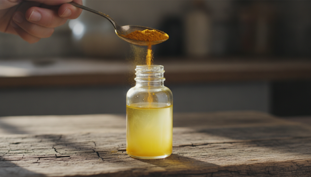 A close-up of a hand pouring bright yellow turmeric powder from a spoon into a small glass bottle filled with clear baby