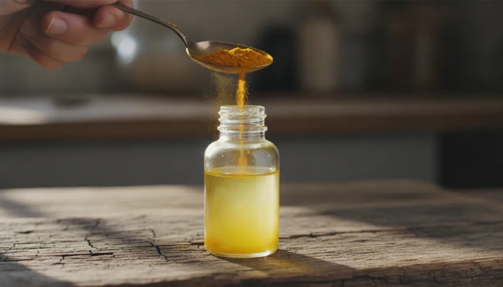A close-up of a hand pouring bright yellow turmeric powder from a spoon into a small glass bottle filled with clear baby