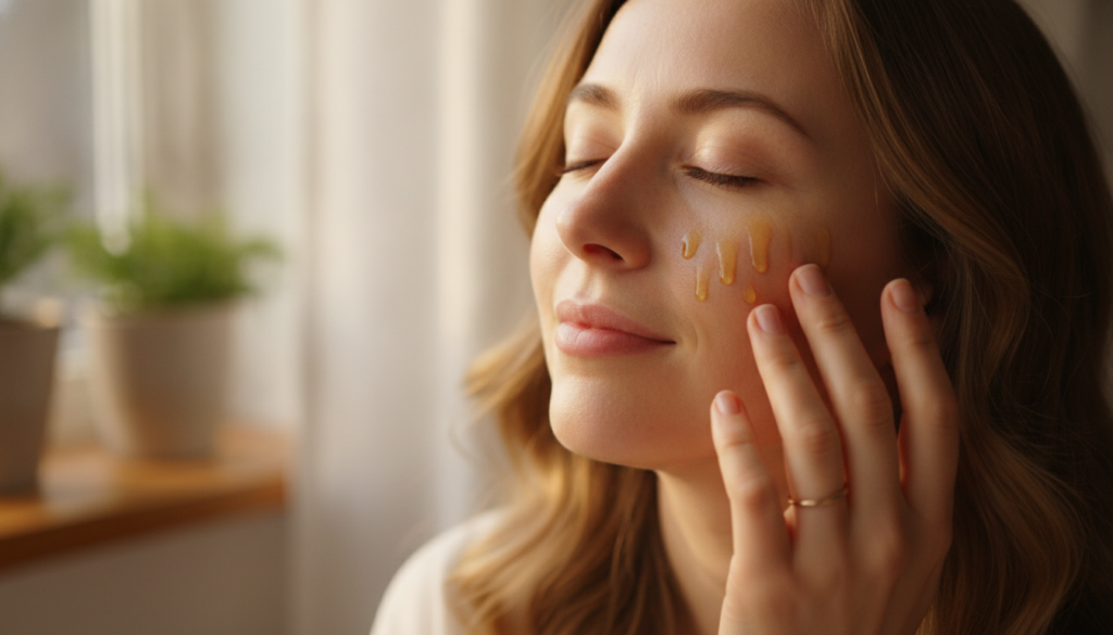 A woman gently massaging a few drops of infused oil onto her face focusing on her cheek and jawline with soft natural li