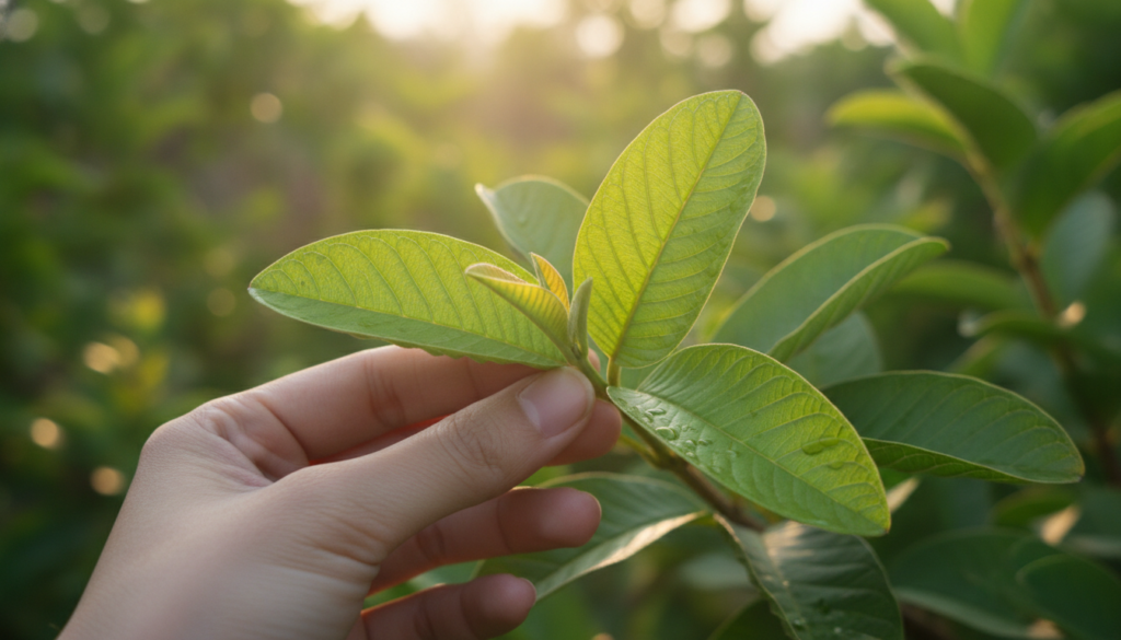 Fresh guava leaves being collected for tea preparation