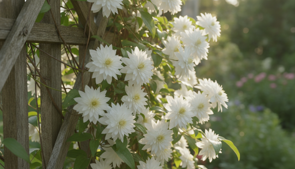 A close-up of delicate white clematis flowers climbing on a wooden trellis with green leaves and soft sunlight
