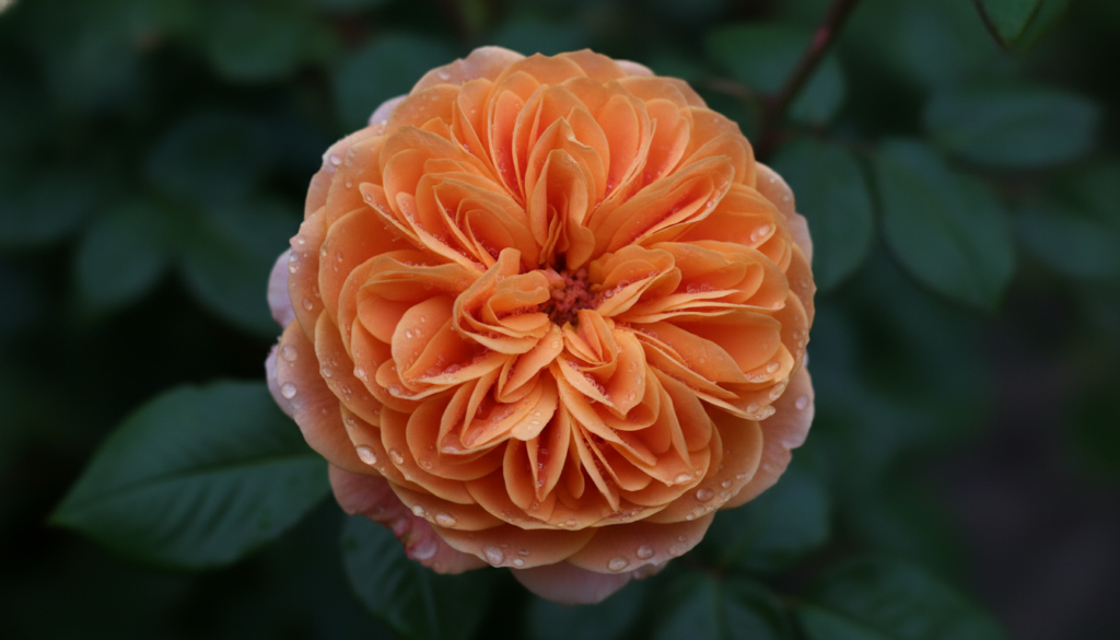 Close-up of a vibrant peachy-orange climbing rose flower on a trellis with lush green foliage
