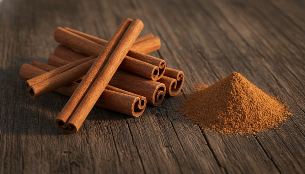Several cinnamon sticks and a sprinkle of ground cinnamon on a dark textured background creating a rich and inviting fee