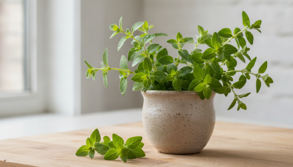 Fresh oregano sprigs with vibrant green leaves possibly in a small ceramic pot or bundled on a light background highligh