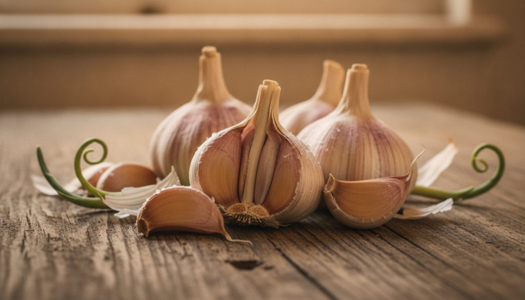 Close-up of fresh garlic cloves and bulbs on a rustic wooden table emphasizing their natural wholesome appearance