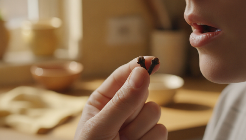 A person holding two whole dried cloves between their fingers ready to chew them with a soft focus on the background The