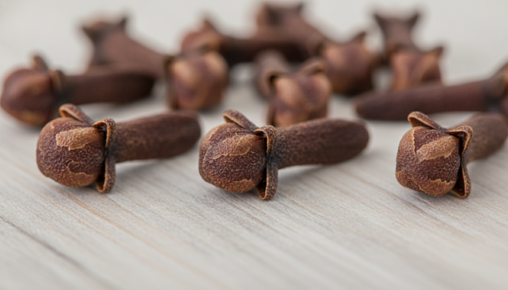 A close-up of several whole dried cloves showing their distinctive shape and dark brown color on a light background Some