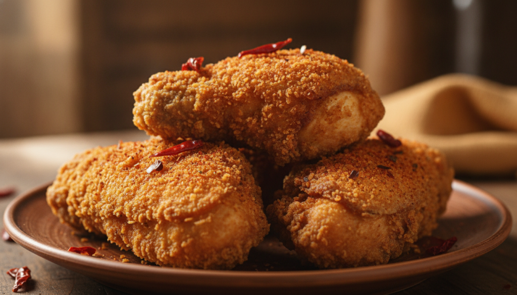 Crispy fried chicken pieces with a visible reddish hue from spices arranged on a plate with some chili flakes scattered 