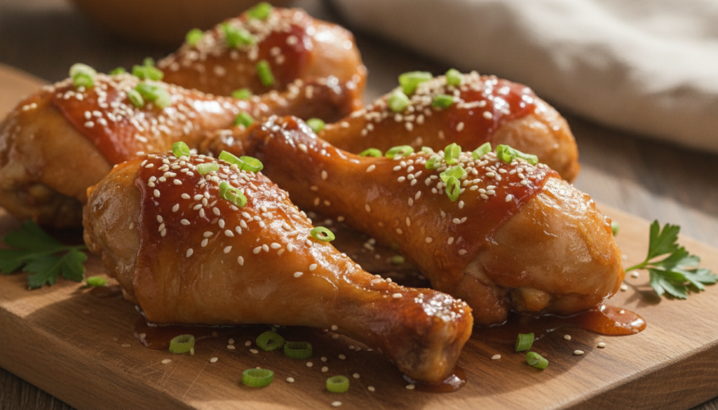 Crispy chicken drumsticks coated in a glossy honey garlic glaze garnished with sesame seeds and chopped green onions