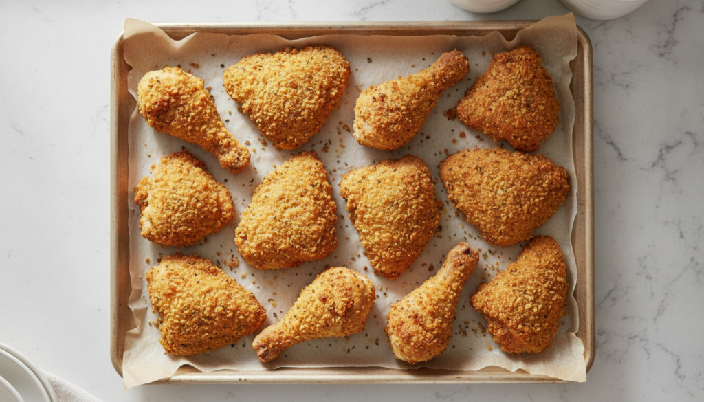 Golden brown oven-baked chicken pieces with a crispy craggy coating arranged on a baking sheet appearing as if deep-frie