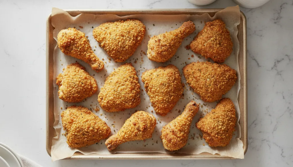 Golden brown oven-baked chicken pieces with a crispy craggy coating arranged on a baking sheet appearing as if deep-frie