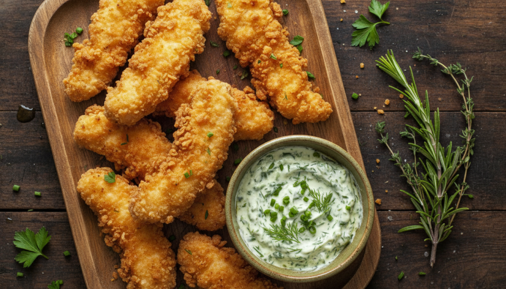 Golden crispy chicken tenders arranged on a platter with a small bowl of creamy green herb dipping sauce next to them