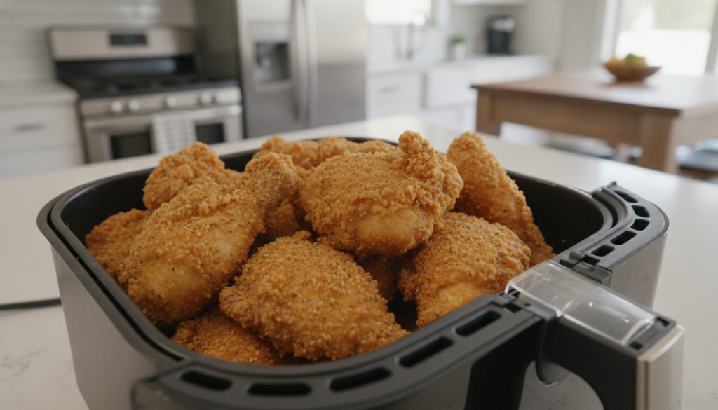 Crispy golden-brown chicken pieces with a seasoned coating cooked in an air fryer displayed in an air fryer basket