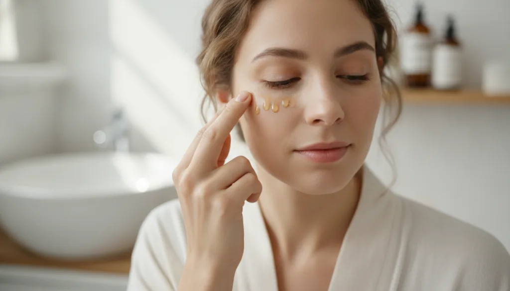 A woman gently patting a small amount of DIY eye serum around her orbital bone with her ring finger looking refreshed
