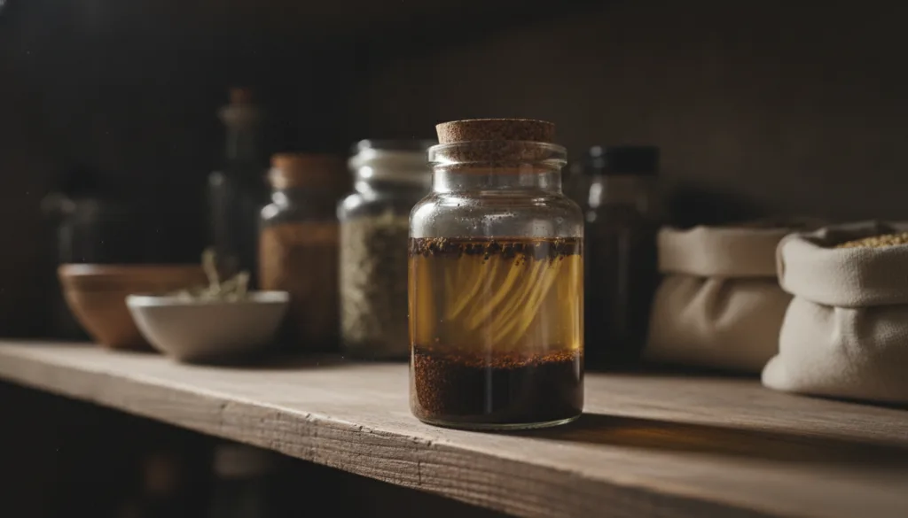 A glass jar filled with coffee grounds soaking in oil placed in a cool dark place like a pantry shelf