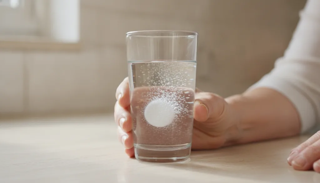 A person s hands holding a glass of water with a subtle effervescent tablet dissolving in it illustrating healthy hydrat
