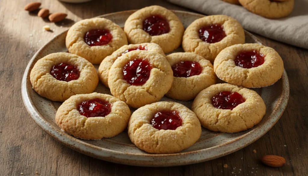 Golden brown almond thumbprint cookies with a dollop of bright red cherry jam in the center arranged on a rustic plate