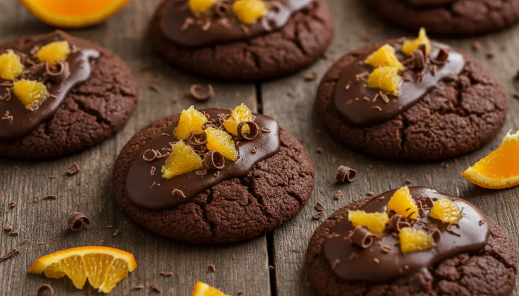 Rich dark chocolate orange shortbread cookies with segments of fresh orange and chocolate shavings scattered nearby