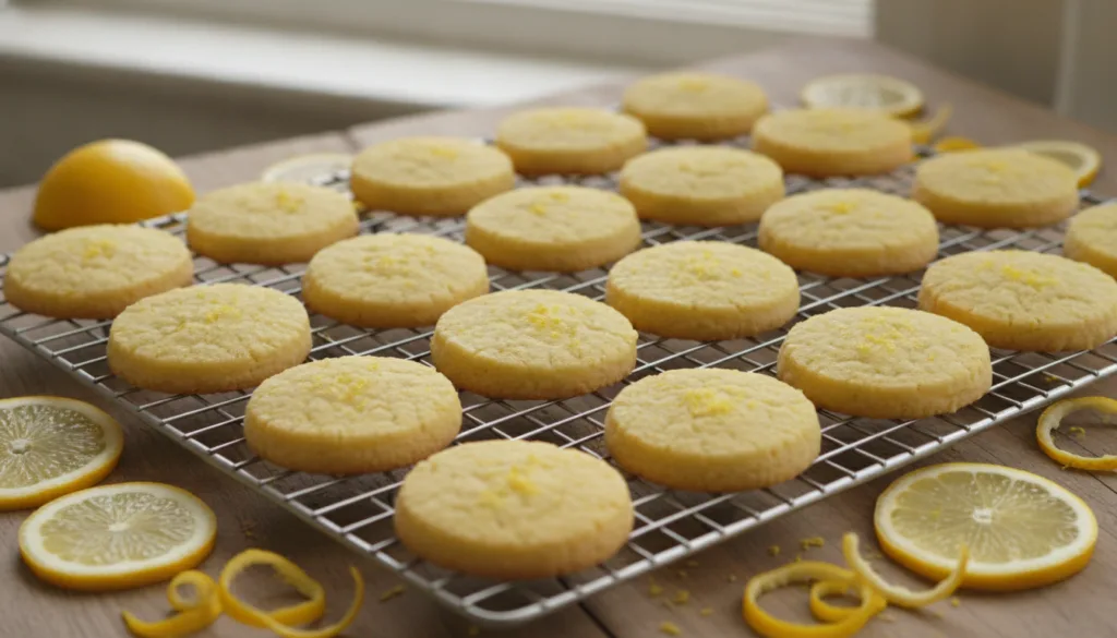 Bright yellow lemon zest shortbread cookies arranged neatly on a cooling rack with fresh lemon slices and zest scattered