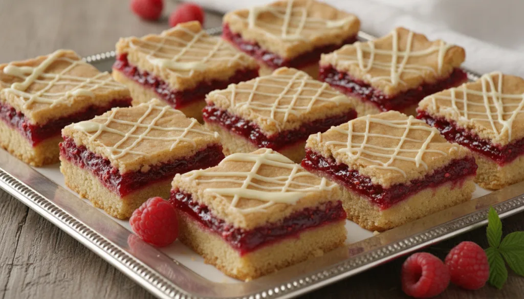 Square white chocolate raspberry bars with a crumbly shortbread base a layer of raspberry and white chocolate drizzle cu