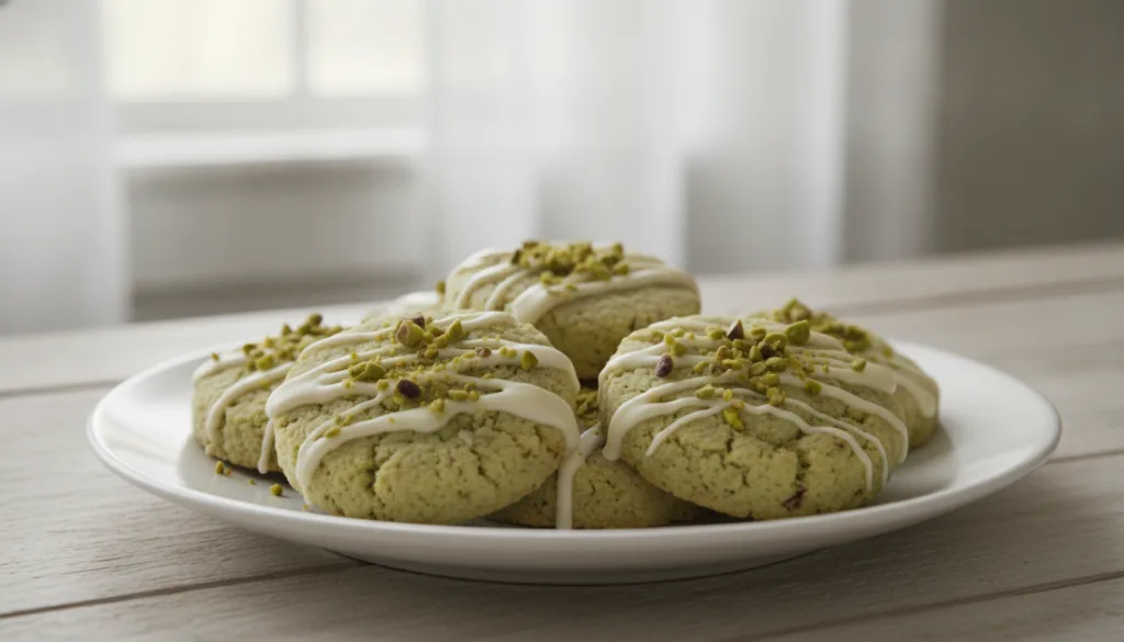 Pale green pistachio shortbread cookies with a delicate white chocolate drizzle garnished with chopped pistachios on a w