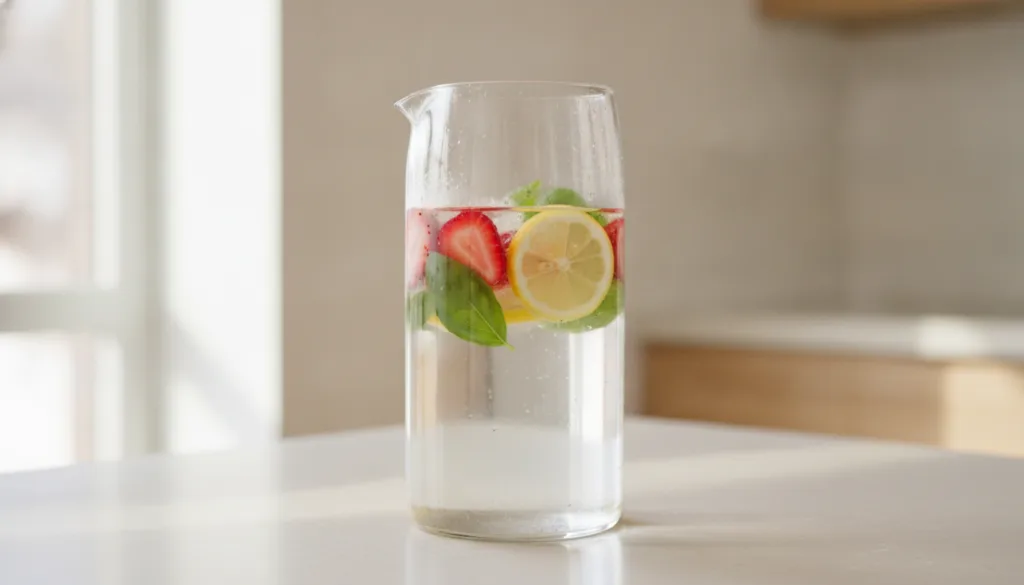 A clear glass pitcher containing water sliced strawberries lemon slices and fresh basil leaves The setting is clean and 