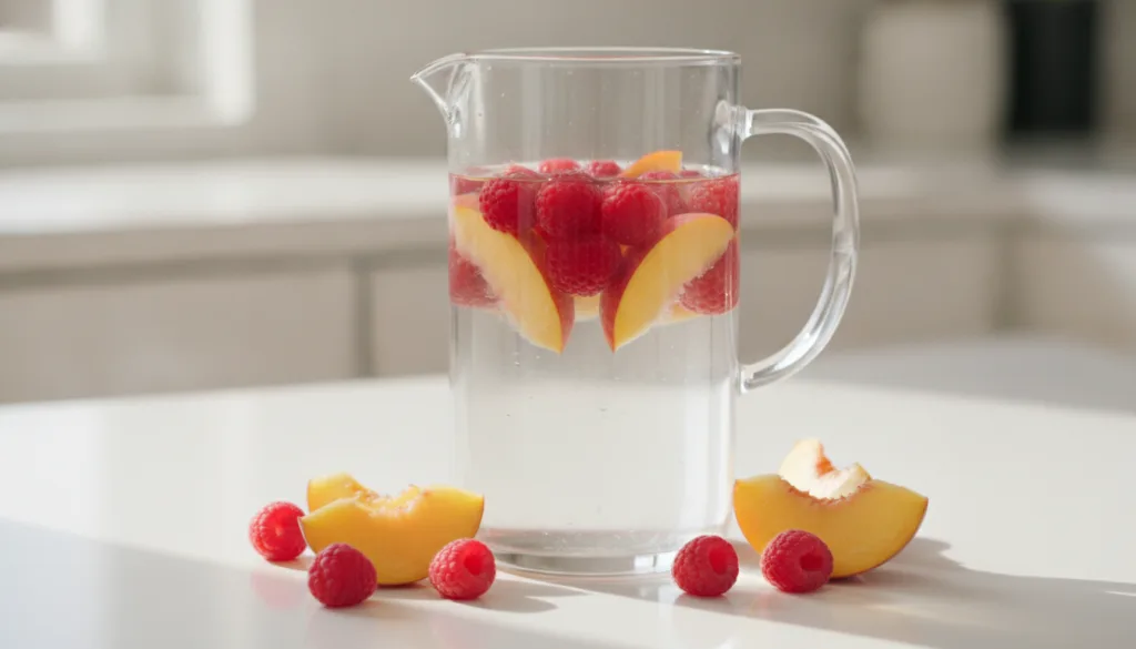 A clear glass pitcher filled with water sliced peaches and whole raspberries The pitcher is on a light background with s