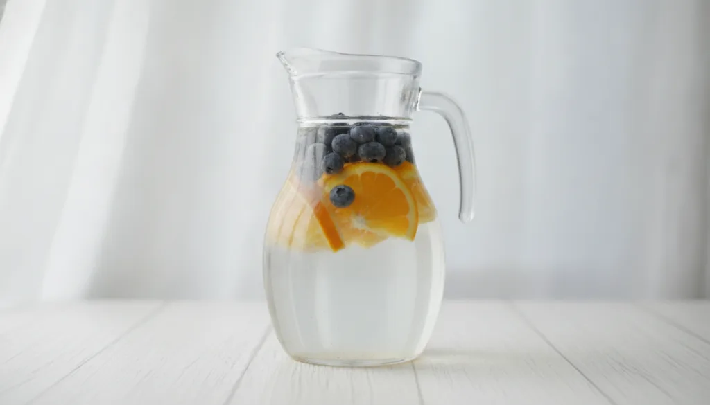 A clear glass pitcher with water fresh blueberries and orange slices The background is clean and bright