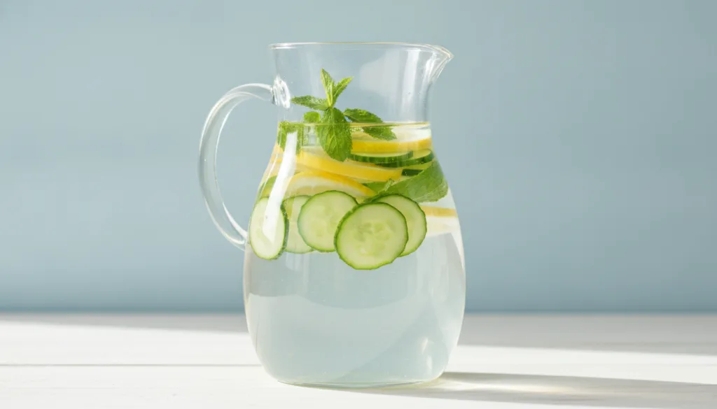 A clear glass pitcher with water thinly sliced lemons cucumber slices and fresh mint sprigs The image conveys freshness