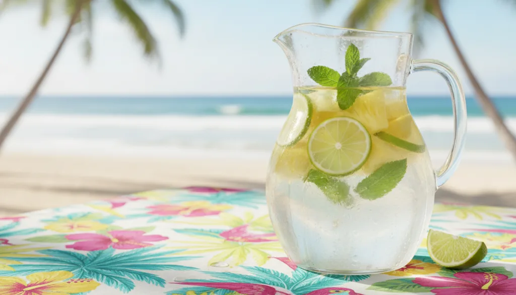 A clear glass pitcher containing water chunks of pineapple lime slices and fresh mint leaves The scene is bright and liv