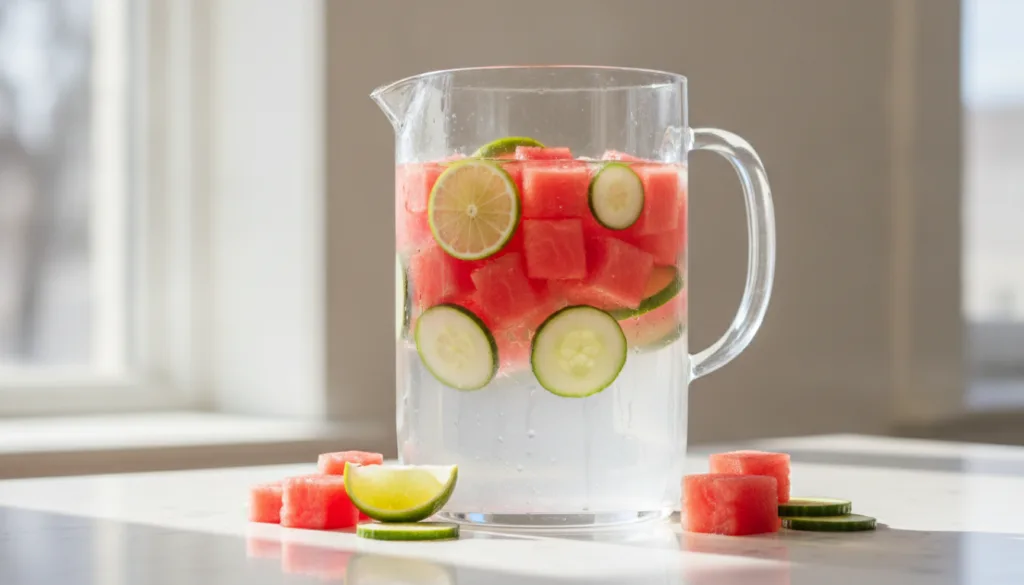 A clear glass pitcher with water red watermelon chunks lime slices and cucumber slices The colors are vivid and inviting