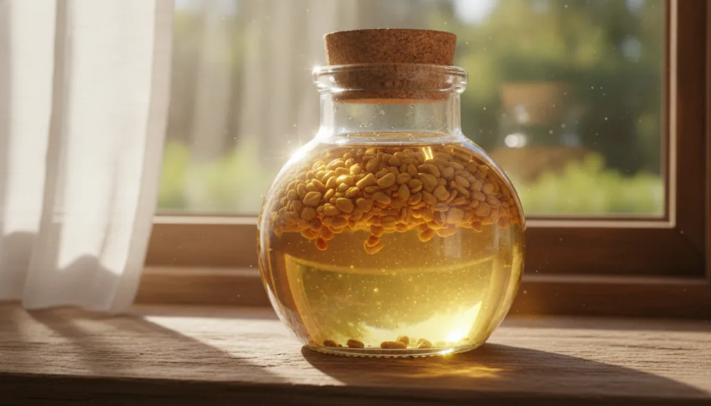 Close-up of a glass jar with fenugreek seeds steeping in a clear carrier oil placed on a sunlit windowsill The backgroun