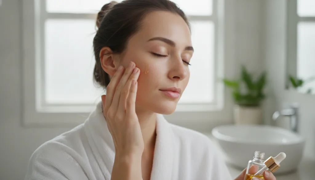 A woman gently massaging a small amount of facial oil into her cheek with her fingertips her skin looking soft and radia