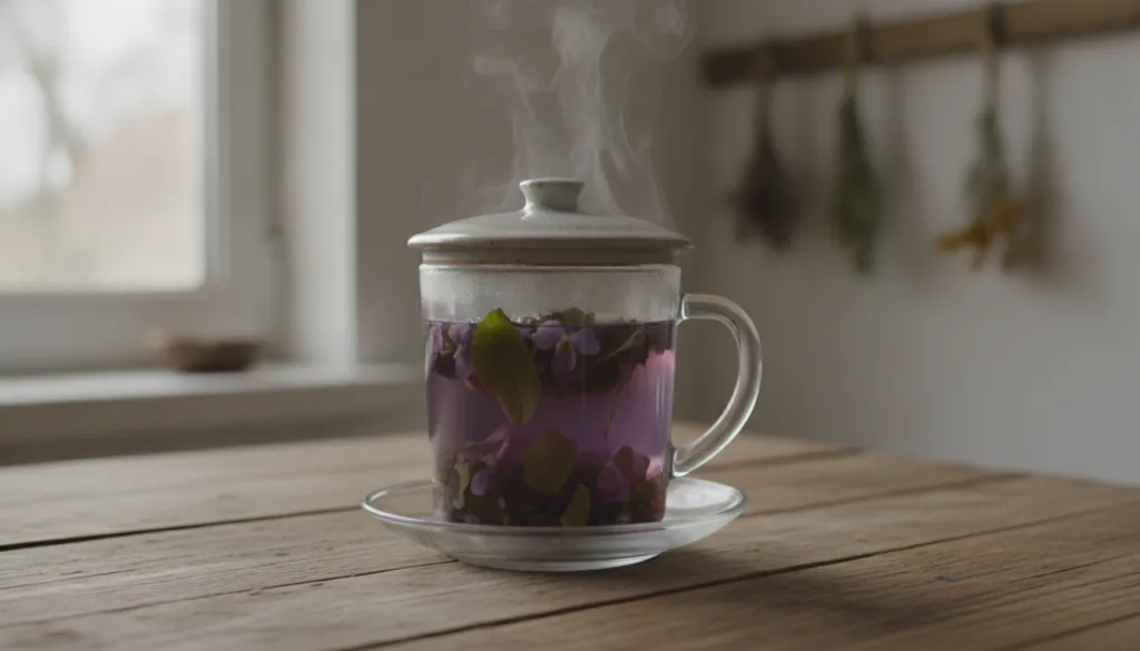 A clear glass mug with a steaming violet leaf and flower infusion covered on a wooden table