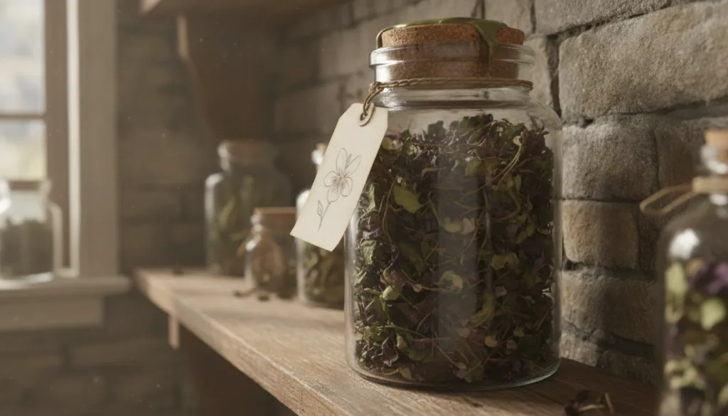 Dried violet leaves in a clear glass jar with a label on a wooden shelf