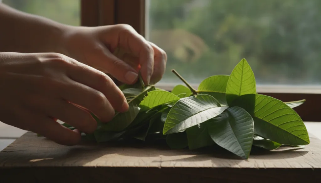 A person s hands are carefully inspecting fresh green guava leaves for blemishes or damage on a wooden cutting board