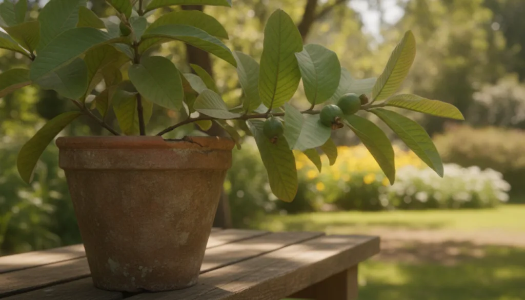 A close-up of a vibrant green guava plant with broad healthy leaves in a terracotta pot against a soft natural backgroun