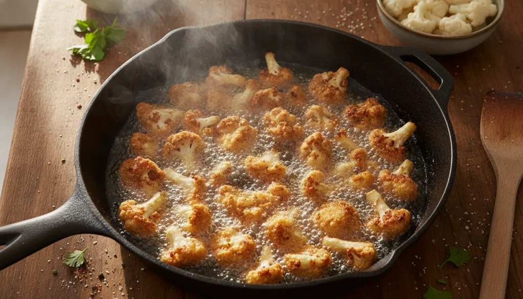 Cauliflower florets frying in hot oil until golden and crispy
